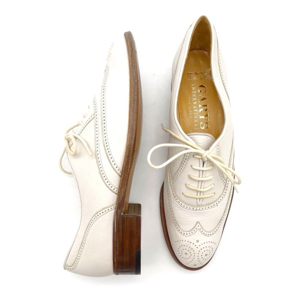 Gravati Garys Ivory White Leather Wingtip Oxford Shoes Size 7.5 Italian Brogues